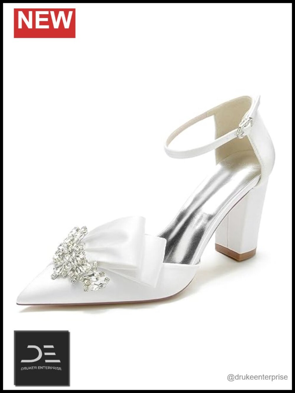 Rhinestone Satin Pumps Block Heel Pointed Toe Crystal Shoes Bow Evening Bridal